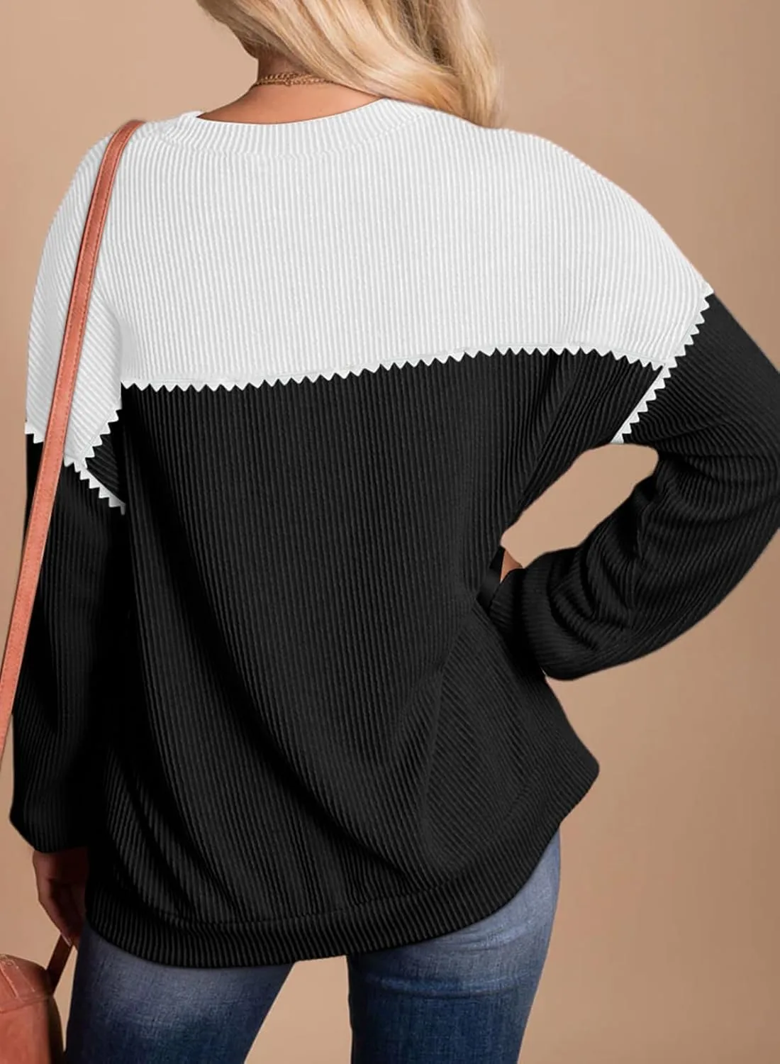 Dokotoo Womens Fashion 2025 Color Block Long Sleeve Crewneck Knitted Casual Loose Pullover Shirts Tops