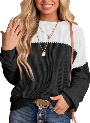 Dokotoo Womens Fashion 2025 Color Block Long Sleeve Crewneck Knitted Casual Loose Pullover Shirts Tops