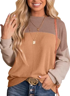 Dokotoo Womens Fashion 2025 Color Block Long Sleeve Crewneck Knitted Casual Loose Pullover Shirts Tops