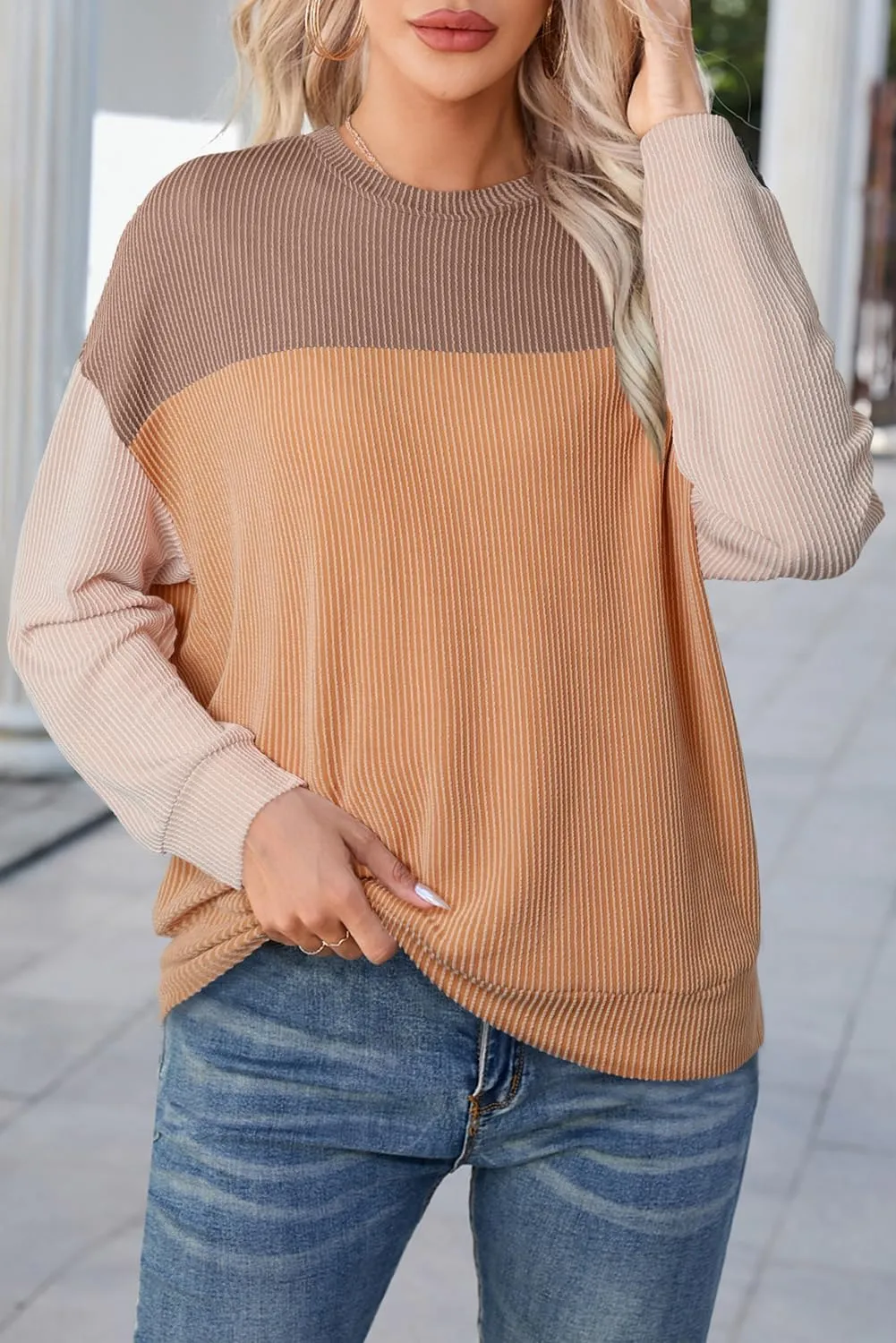 Dokotoo Womens Fashion 2025 Color Block Long Sleeve Crewneck Knitted Casual Loose Pullover Shirts Tops