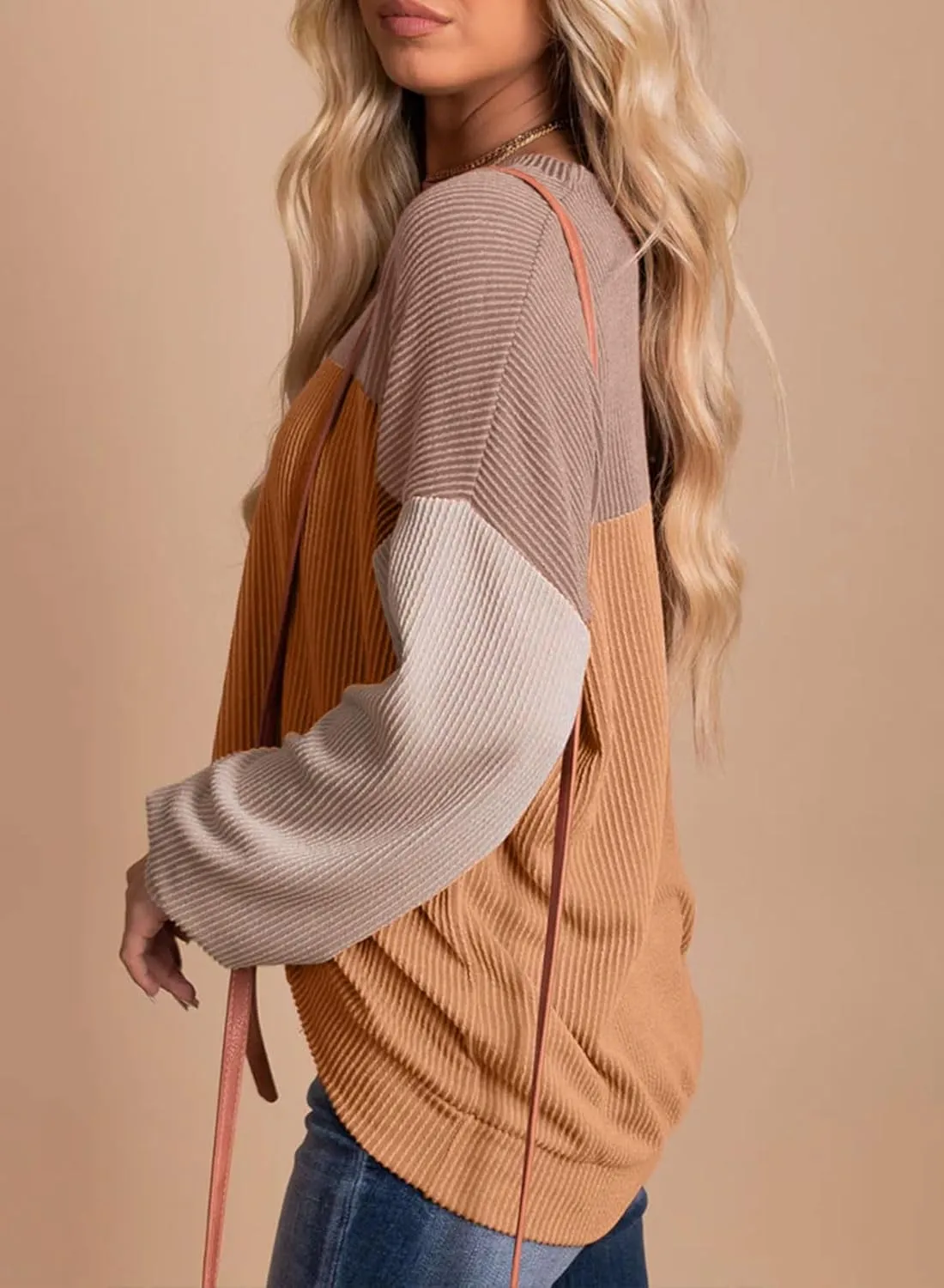 Dokotoo Womens Fashion 2025 Color Block Long Sleeve Crewneck Knitted Casual Loose Pullover Shirts Tops