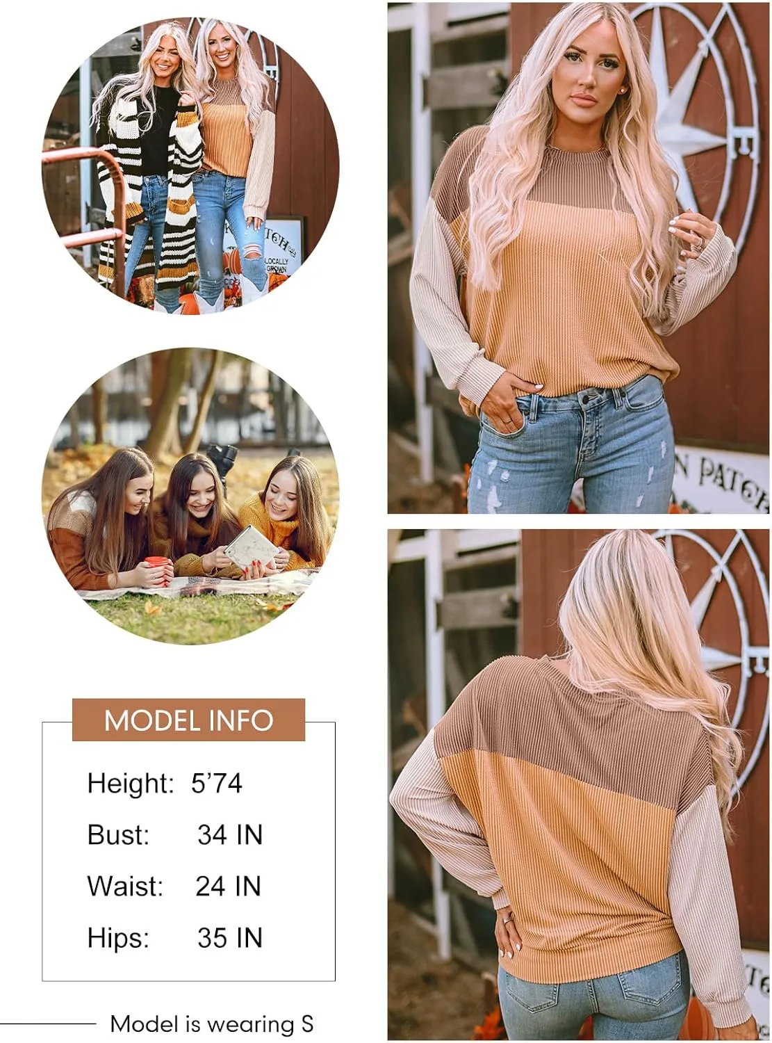 Dokotoo Womens Fashion 2025 Color Block Long Sleeve Crewneck Knitted Casual Loose Pullover Shirts Tops