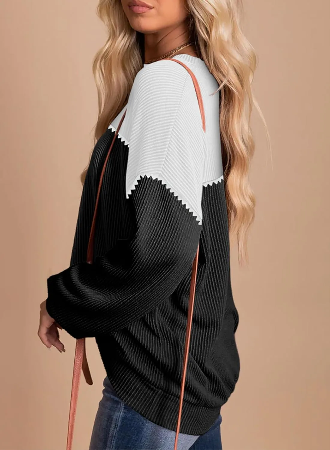 Dokotoo Womens Fashion 2025 Color Block Long Sleeve Crewneck Knitted Casual Loose Pullover Shirts Tops
