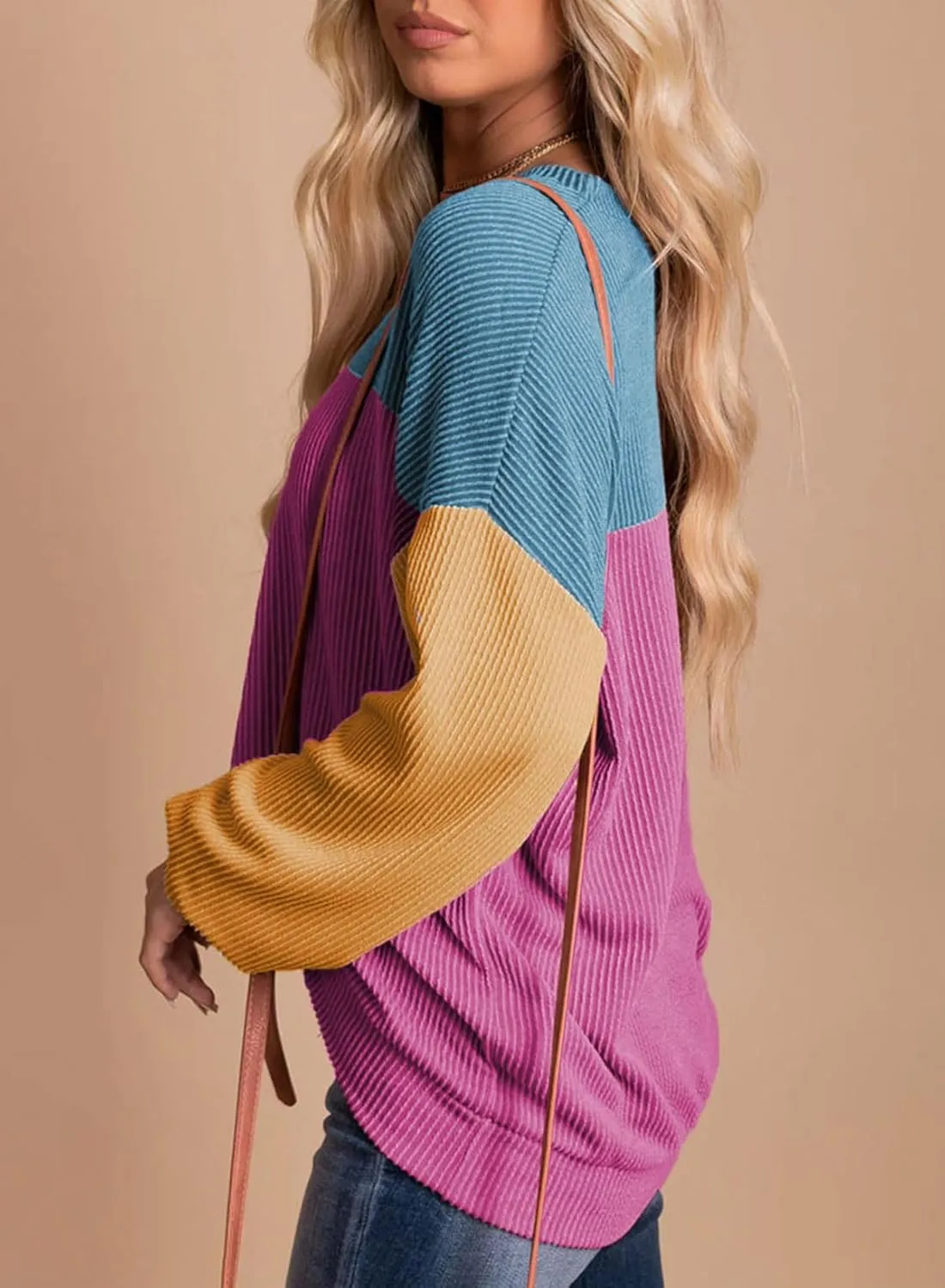 Dokotoo Womens Fashion 2025 Color Block Long Sleeve Crewneck Knitted Casual Loose Pullover Shirts Tops