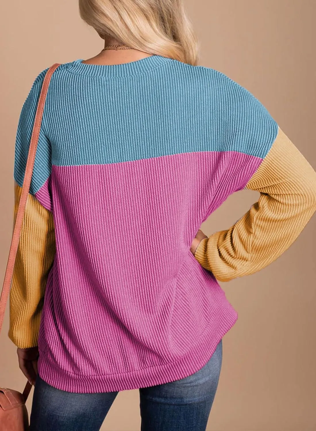Dokotoo Womens Fashion 2025 Color Block Long Sleeve Crewneck Knitted Casual Loose Pullover Shirts Tops