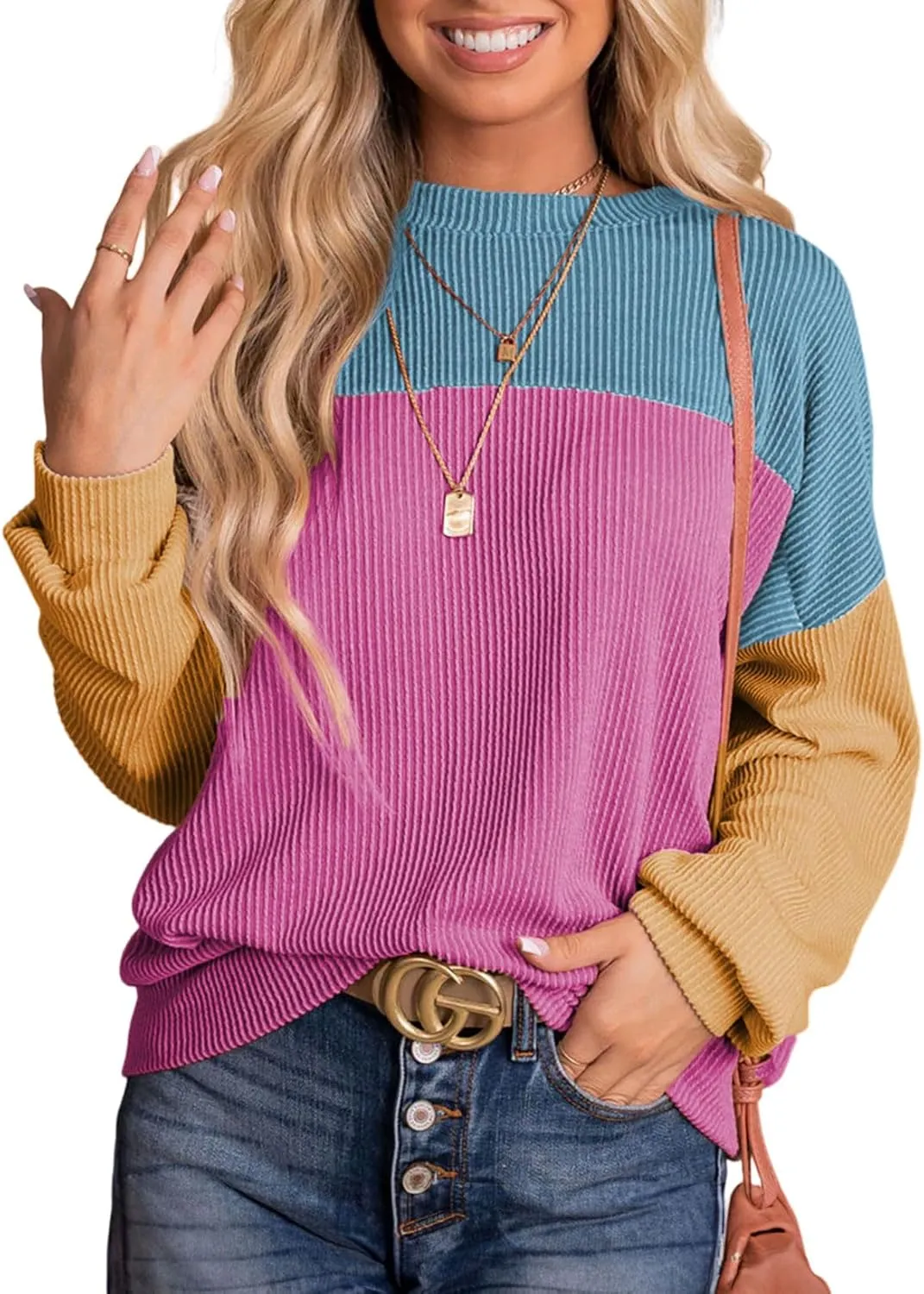 Dokotoo Womens Fashion 2025 Color Block Long Sleeve Crewneck Knitted Casual Loose Pullover Shirts Tops