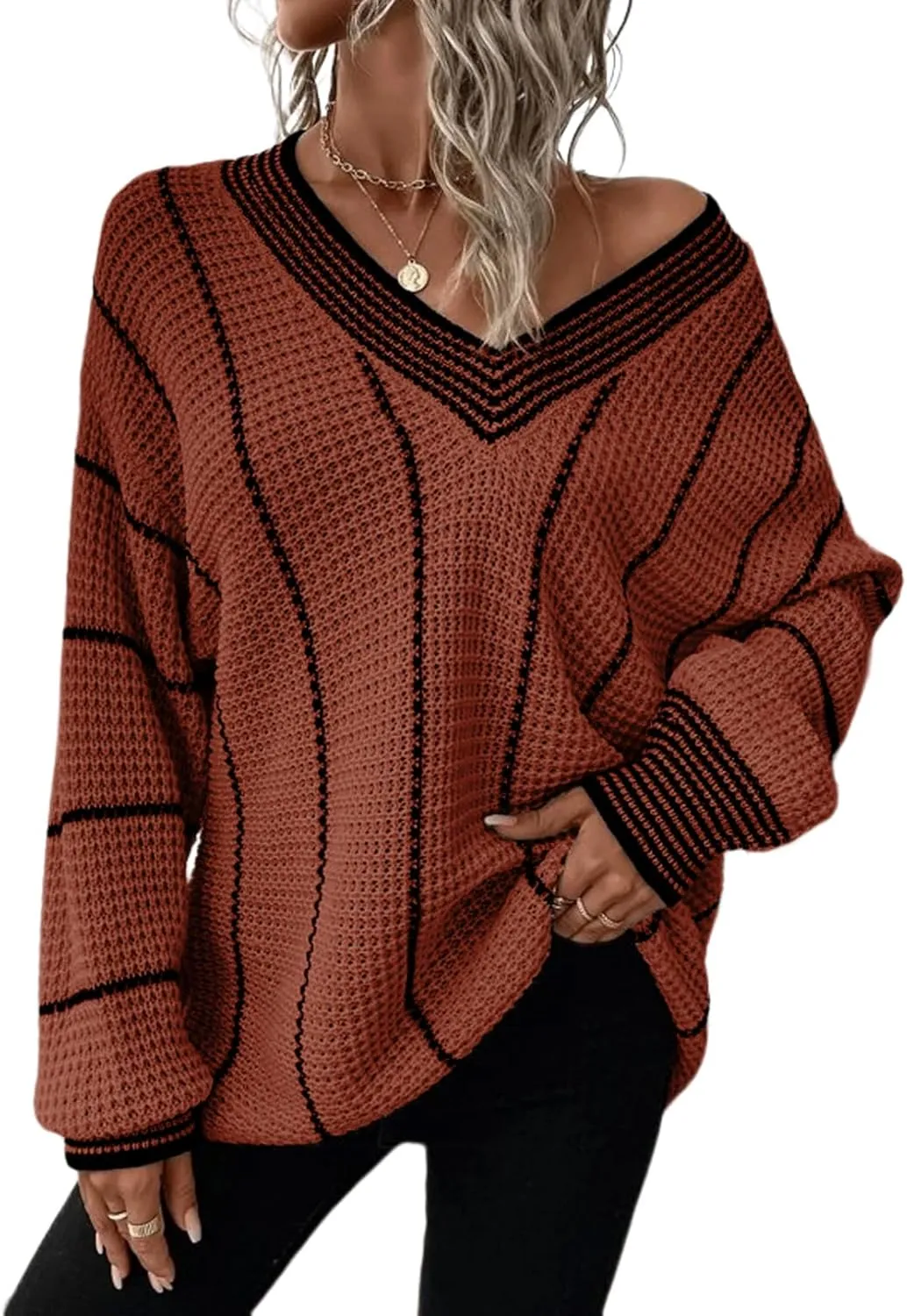Dokotoo Womens Oversized Striped Tunic Sweaters Casual V Neck Long Sleeve Color Block Knit Pullover Jumper Tops