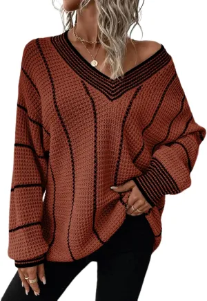 Dokotoo Womens Oversized Striped Tunic Sweaters Casual V Neck Long Sleeve Color Block Knit Pullover Jumper Tops