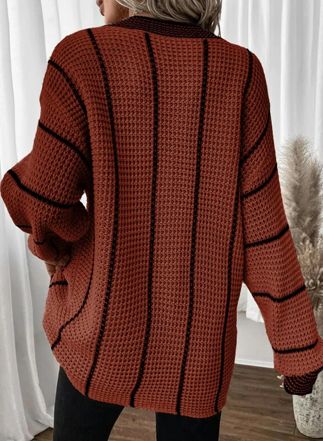 Dokotoo Womens Oversized Striped Tunic Sweaters Casual V Neck Long Sleeve Color Block Knit Pullover Jumper Tops
