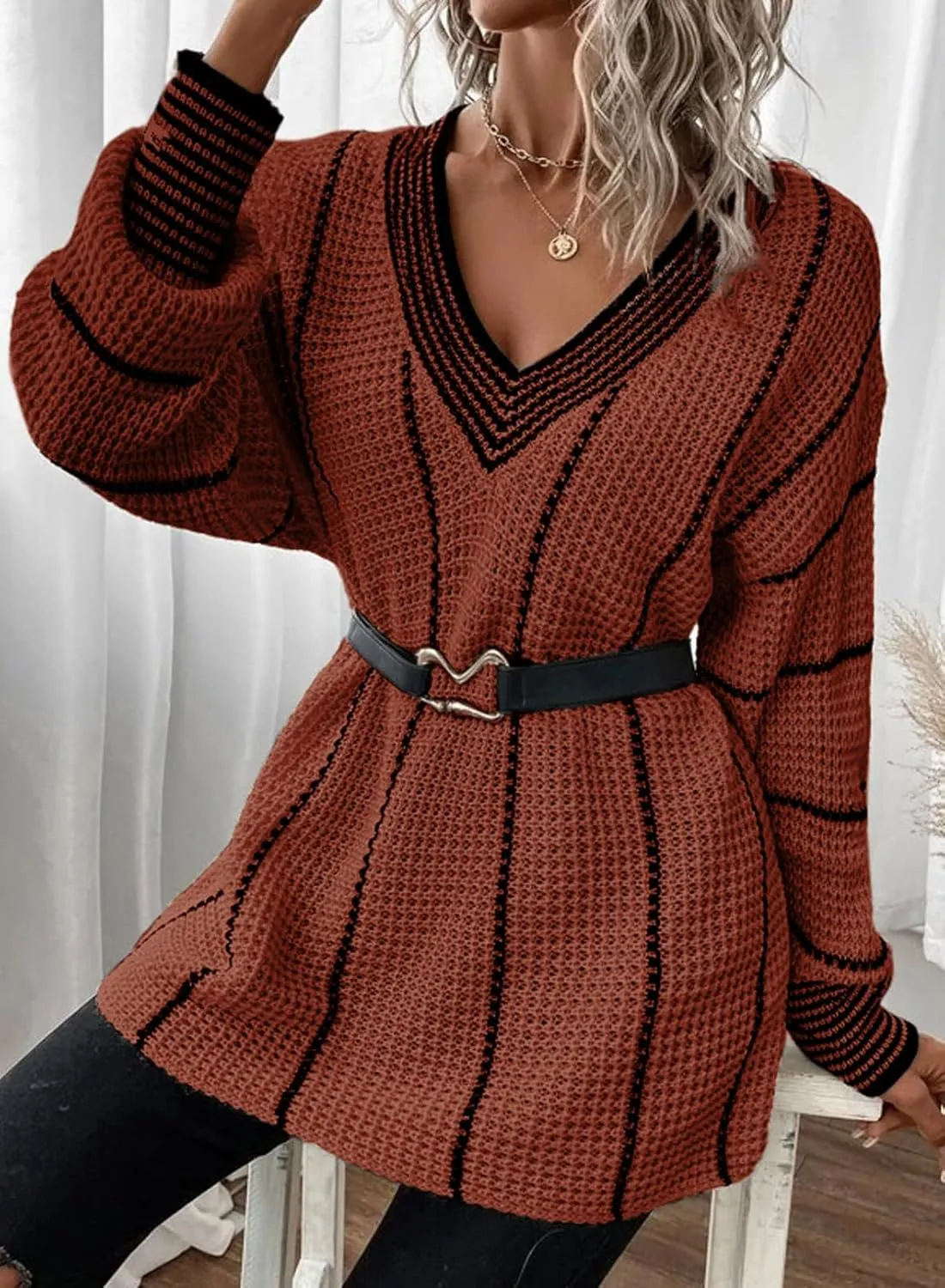 Dokotoo Womens Oversized Striped Tunic Sweaters Casual V Neck Long Sleeve Color Block Knit Pullover Jumper Tops