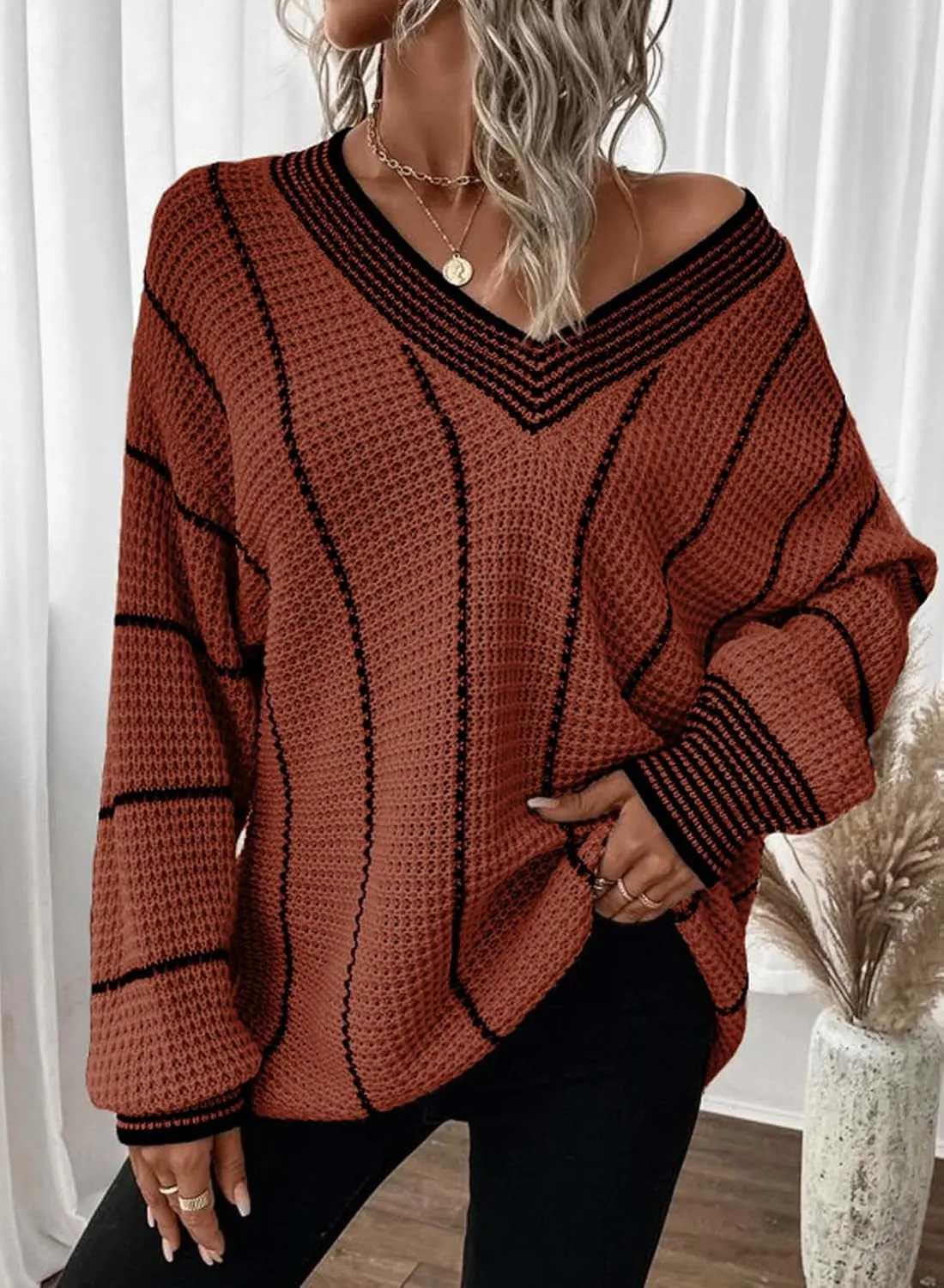 Dokotoo Womens Oversized Striped Tunic Sweaters Casual V Neck Long Sleeve Color Block Knit Pullover Jumper Tops