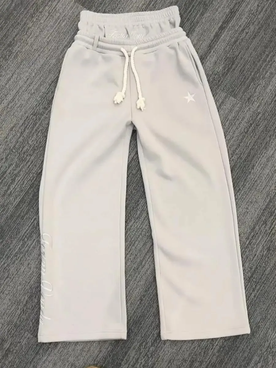 Double Waisted Sweatpants Men Y2k Wide Leg Baggy Sweatpants Loose Star Embroidery Hip Hop Pants Drawstring Gym Joggers