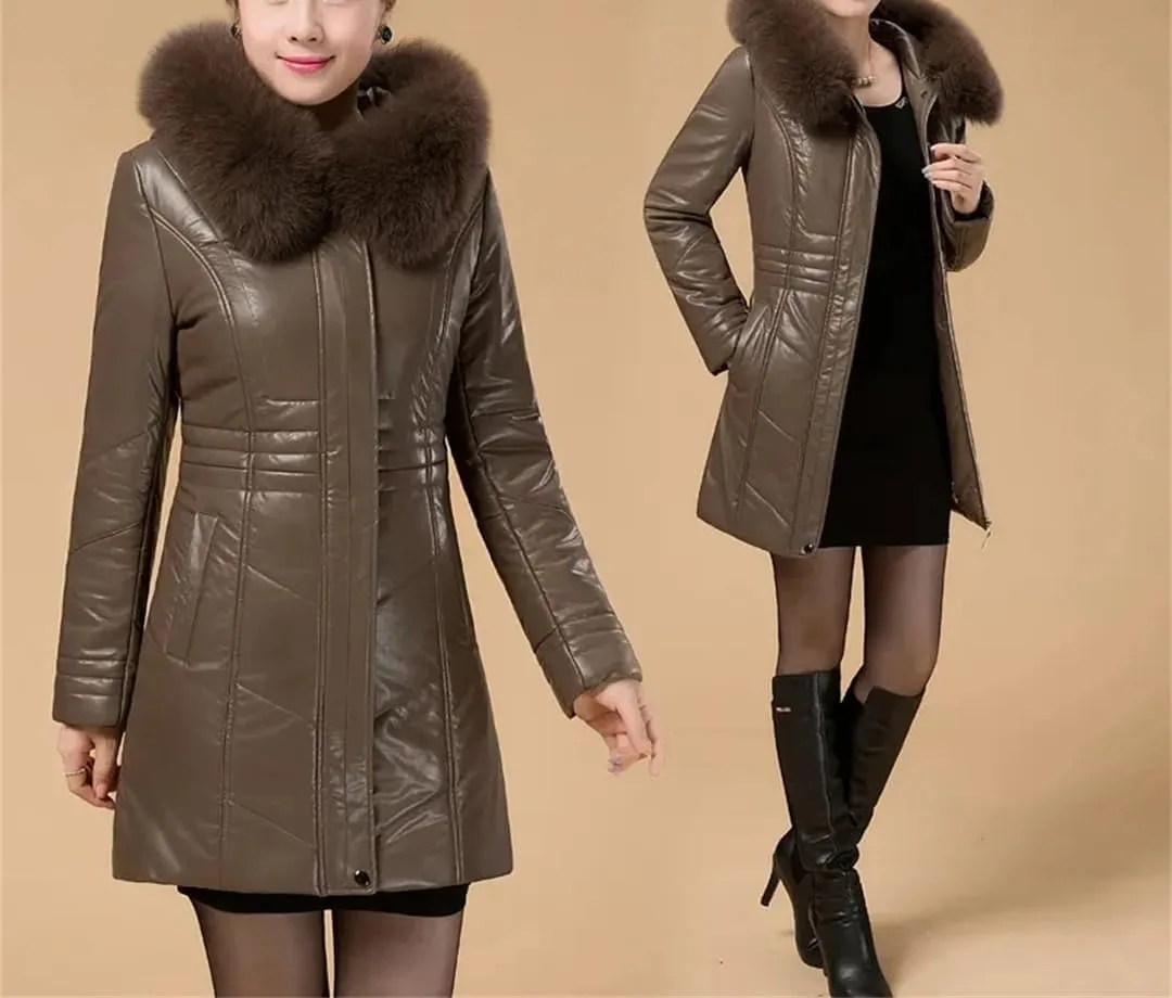Down Cotton Coat Womens Long Winter Jacket PU Leather Puffer Parkas Thicken Warm Padded Coat Mother Outwear