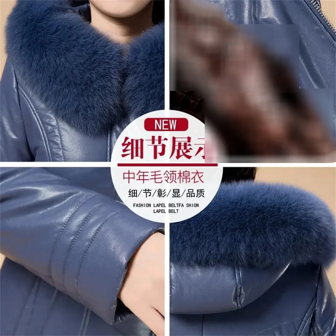 Down Cotton Coat Womens Long Winter Jacket PU Leather Puffer Parkas Thicken Warm Padded Coat Mother Outwear