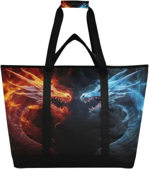 Dragon Fire Tote Bag for Women with Zipper Reusable Grocery Bags Foldable Insulated Cooler Bag Shopping Bags Handbags Totes for Groceries Picnic Travel Beach Work