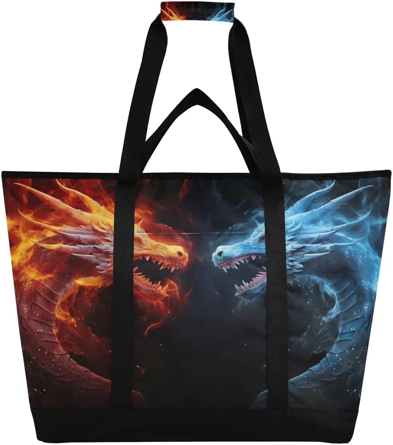 Dragon Fire Tote Bag for Women with Zipper Reusable Grocery Bags Foldable Insulated Cooler Bag Shopping Bags Handbags Totes for Groceries Picnic Travel Beach Work