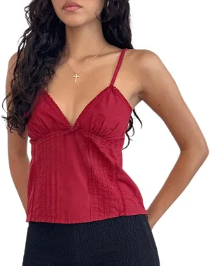 DSORVICD Women Y2k V Neck Cami Top Fairy Sleeveless Tank Top Cute Ruffle Babydoll Top Summer Going Out Camisole E-girls Top