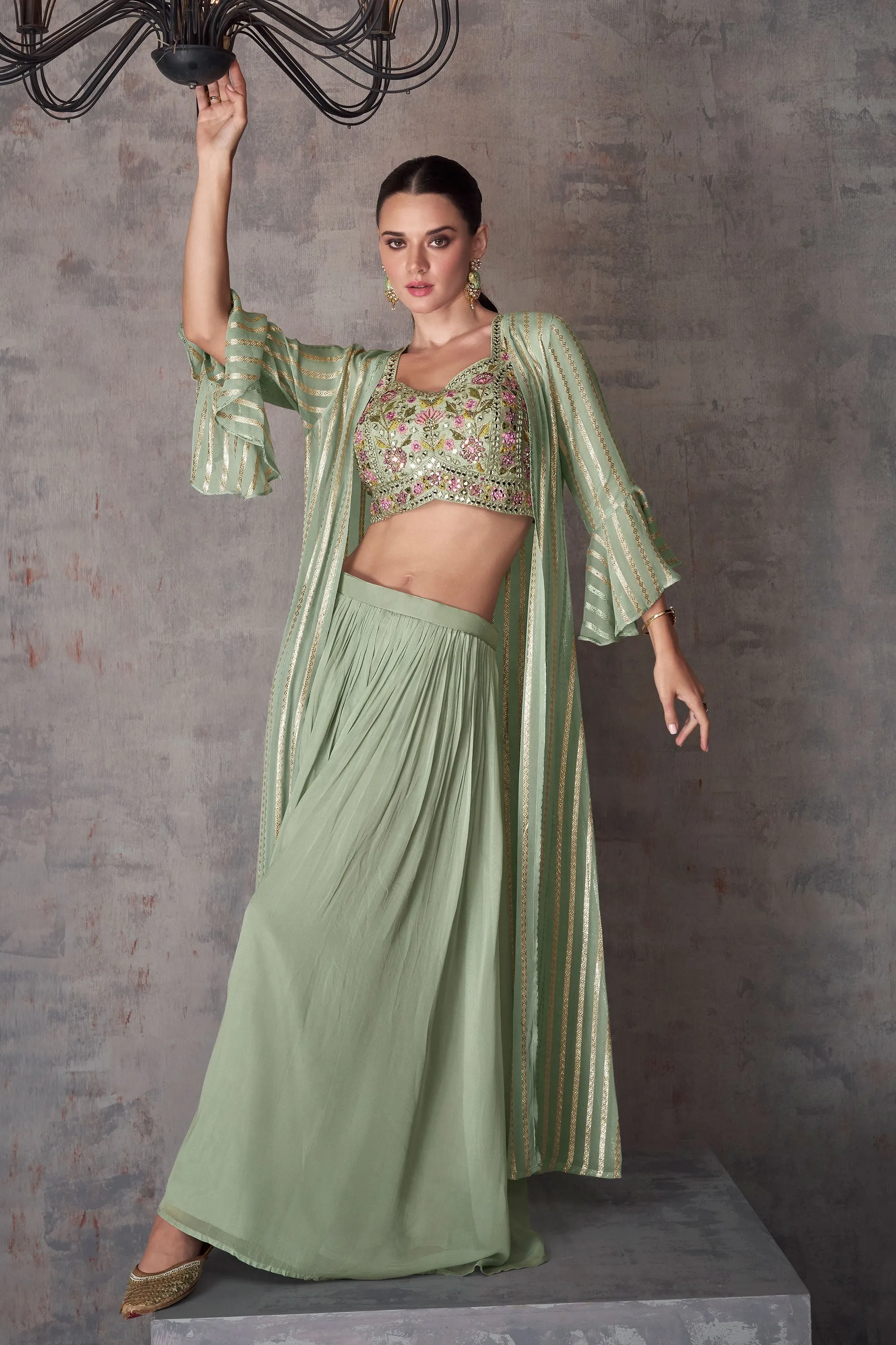 Eugeniya Belousova Fashionable Sea Green Color Georgette Readymade Indo Western Palazzo With Shrug