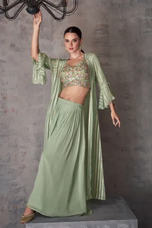 Eugeniya Belousova Fashionable Sea Green Color Georgette Readymade Indo Western Palazzo With Shrug