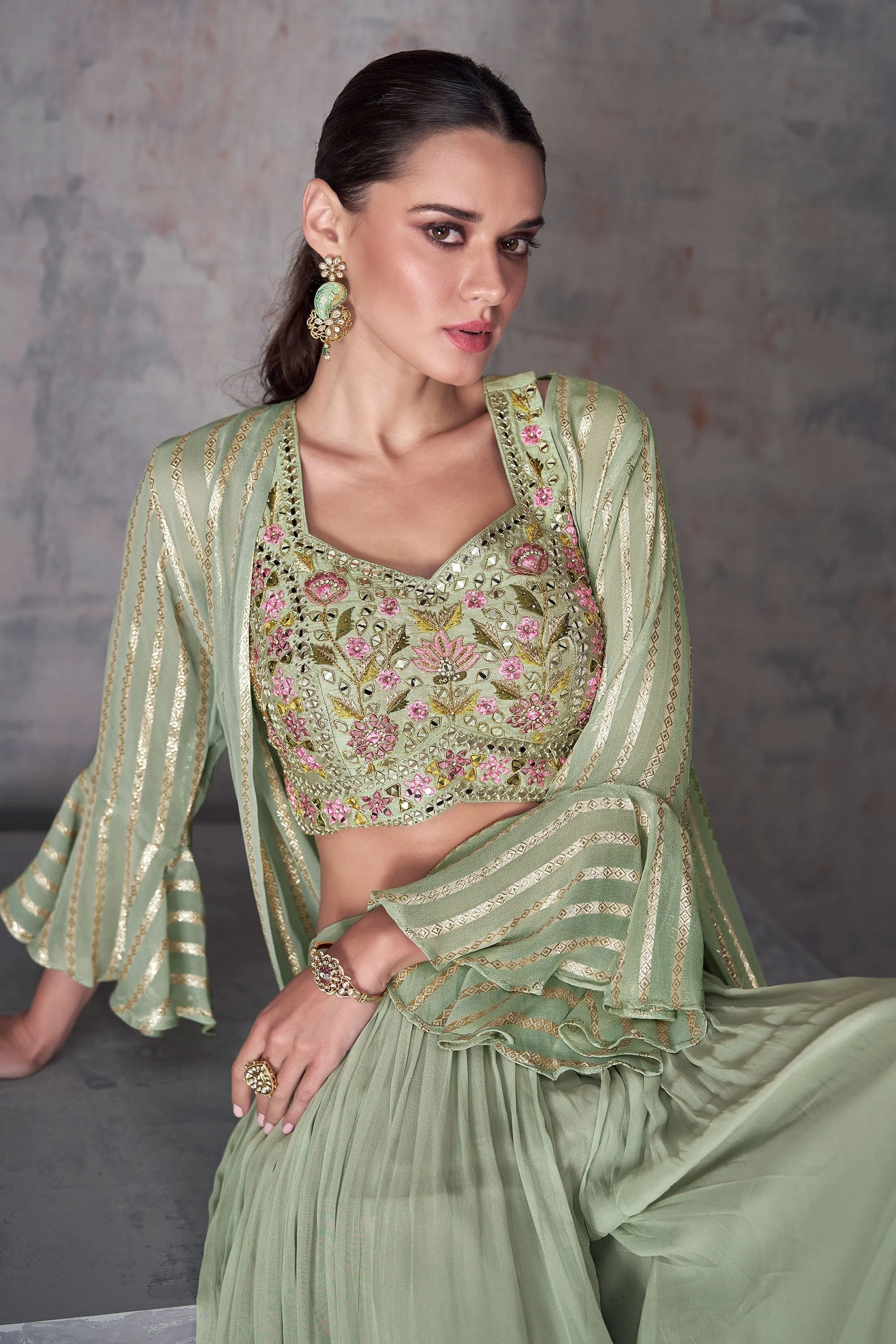 Eugeniya Belousova Fashionable Sea Green Color Georgette Readymade Indo Western Palazzo With Shrug