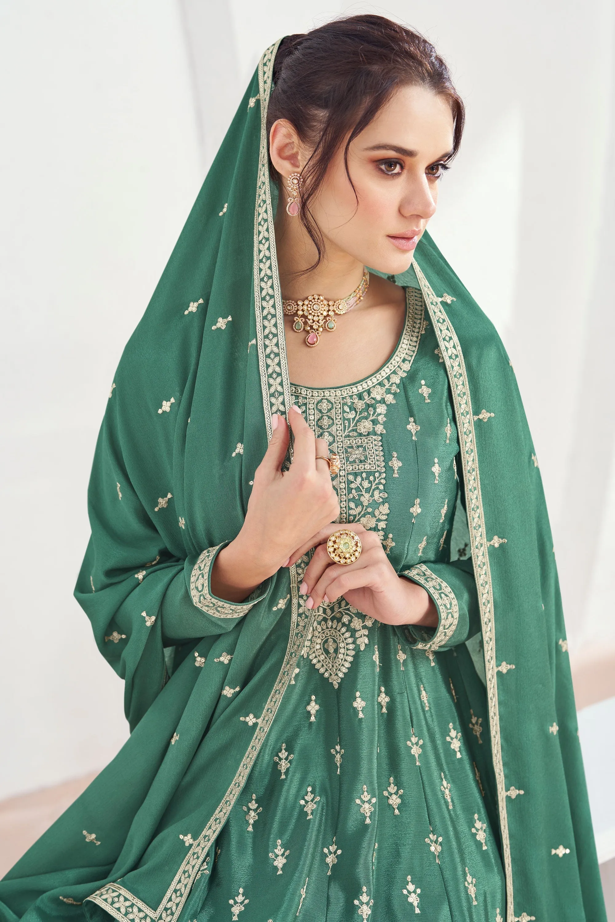 Eugeniya Belousova Sea Green Color Exquisite Readymade Palazzo Suit In Art Silk Fabric