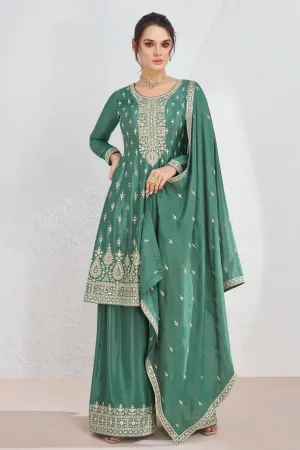Eugeniya Belousova Sea Green Color Exquisite Readymade Palazzo Suit In Art Silk Fabric