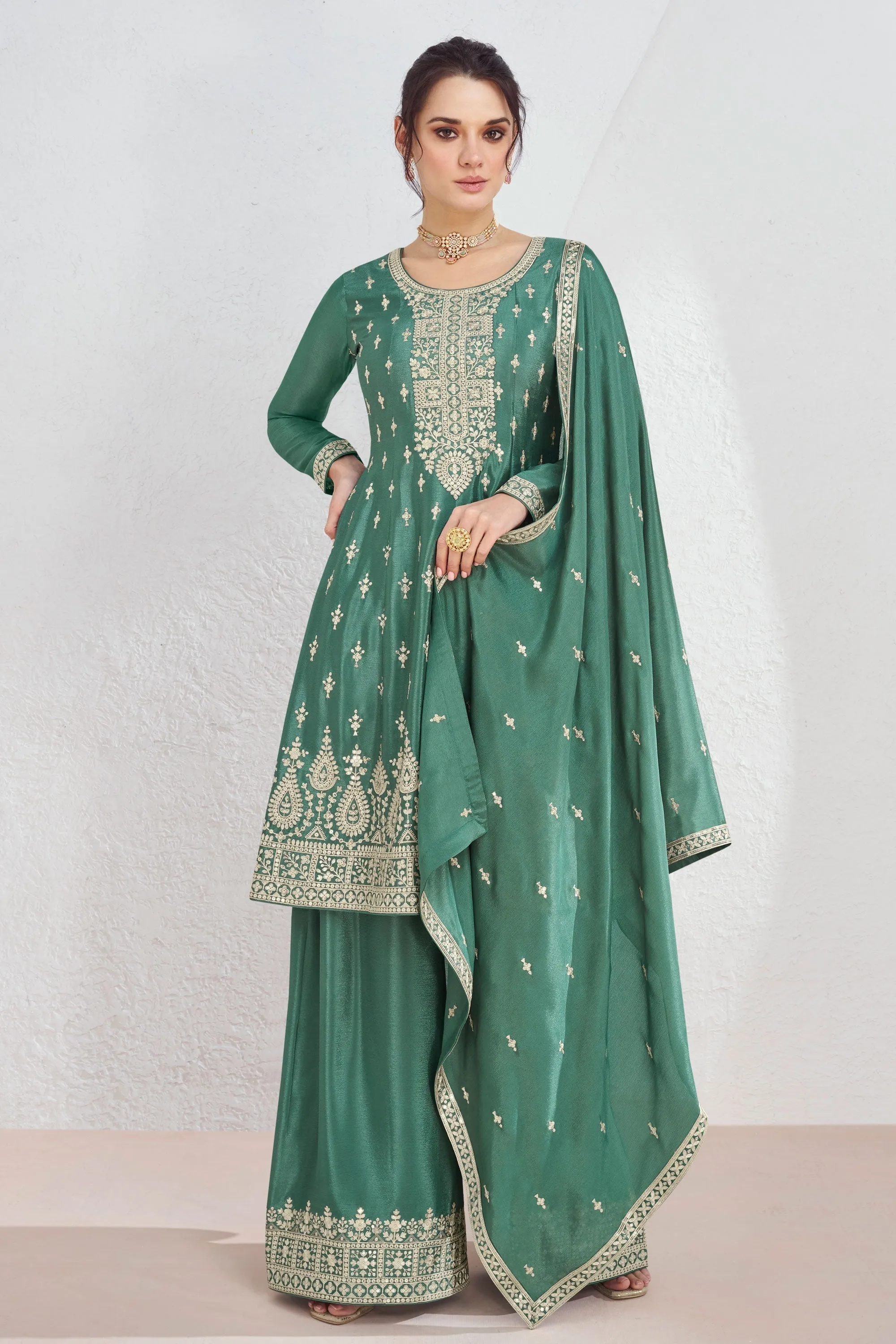 Eugeniya Belousova Sea Green Color Exquisite Readymade Palazzo Suit In Art Silk Fabric