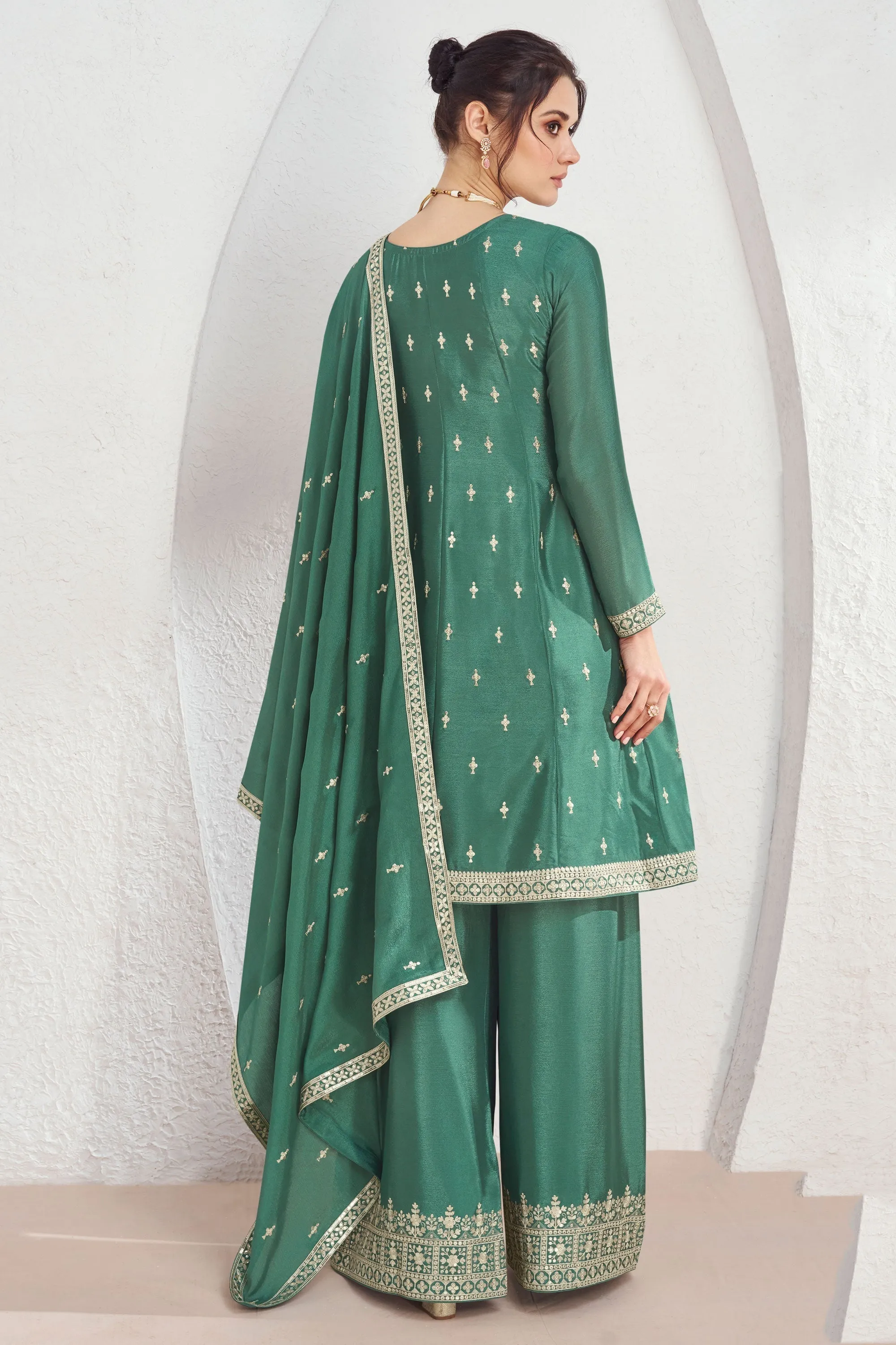 Eugeniya Belousova Sea Green Color Exquisite Readymade Palazzo Suit In Art Silk Fabric