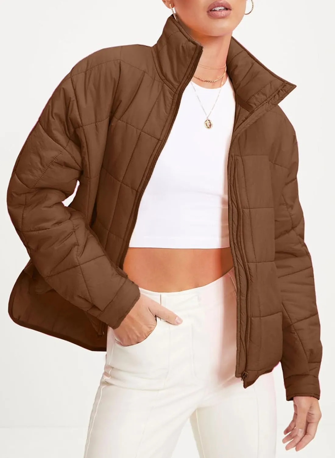 EVALESS Womens Quilted Puffer Jackets Lightweight Long Sleeve Zip Up Winter Coats Fashion 2024 Fall Outfits With Pockets