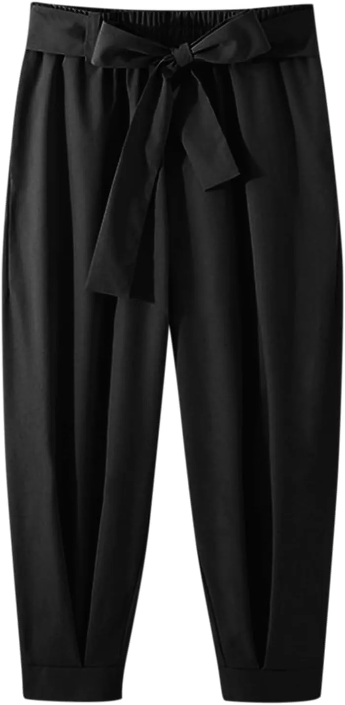evzosrz Men's Casual Cropped Yoga Baggy Pants Harem Hippie Beach Trousers Elastic Waist Tapered Wide Leg Capri Pant with Belt