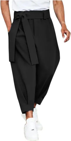 evzosrz Men's Casual Cropped Yoga Baggy Pants Harem Hippie Beach Trousers Elastic Waist Tapered Wide Leg Capri Pant with Belt