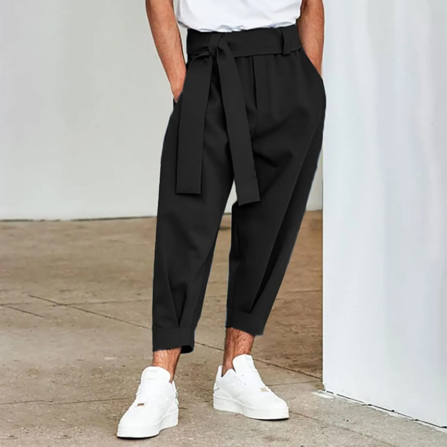 evzosrz Men's Casual Cropped Yoga Baggy Pants Harem Hippie Beach Trousers Elastic Waist Tapered Wide Leg Capri Pant with Belt