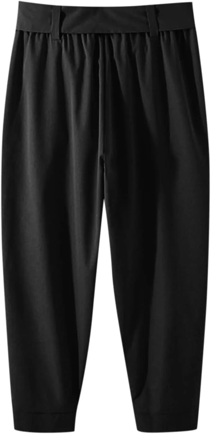 evzosrz Men's Casual Cropped Yoga Baggy Pants Harem Hippie Beach Trousers Elastic Waist Tapered Wide Leg Capri Pant with Belt