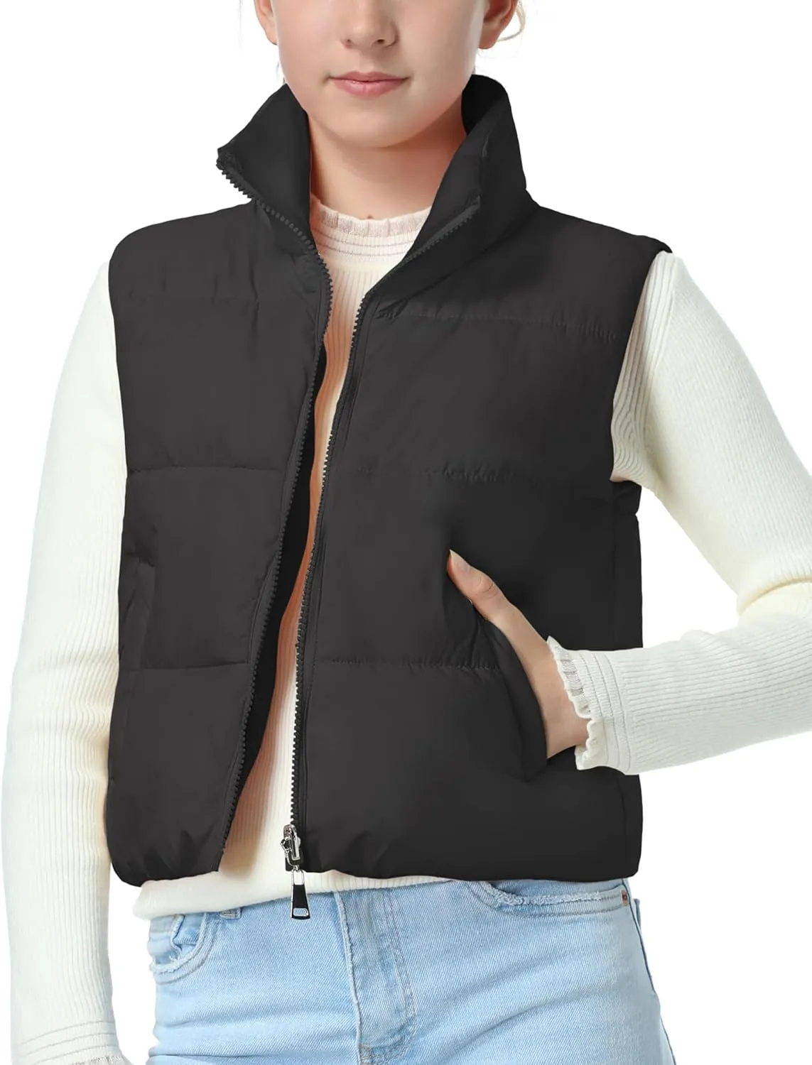 EXARUS Girls Puffer Vest Cropped Puffy Water Resistant with Pockets Lightweight Outerwear Vests Warm Sleeveless 6-14Y