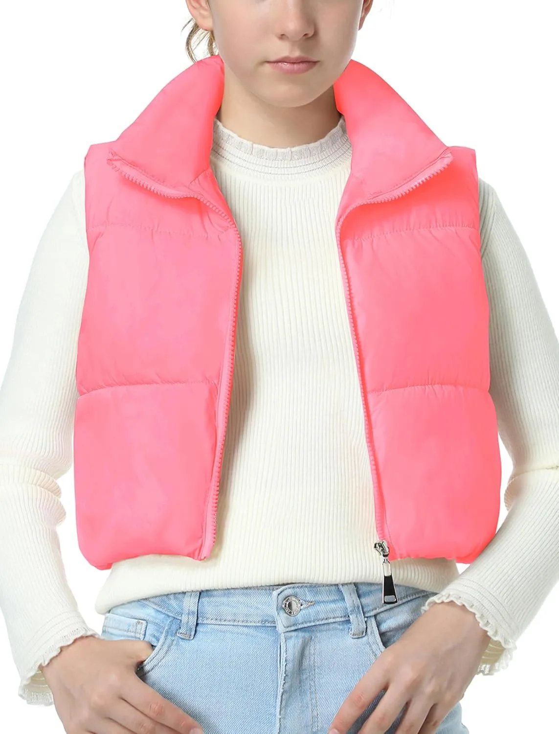 EXARUS Girls Puffer Vest Cropped Puffy Water Resistant with Pockets Lightweight Outerwear Vests Warm Sleeveless 6-14Y