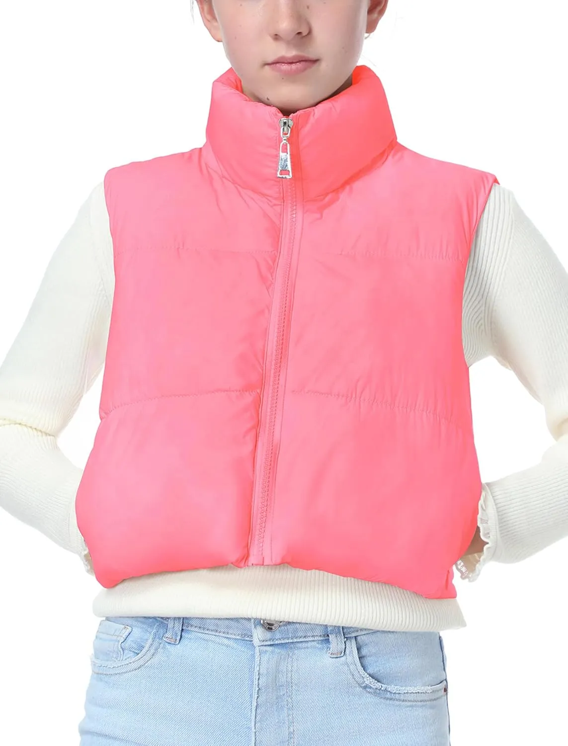 EXARUS Girls Puffer Vest Cropped Puffy Water Resistant with Pockets Lightweight Outerwear Vests Warm Sleeveless 6-14Y