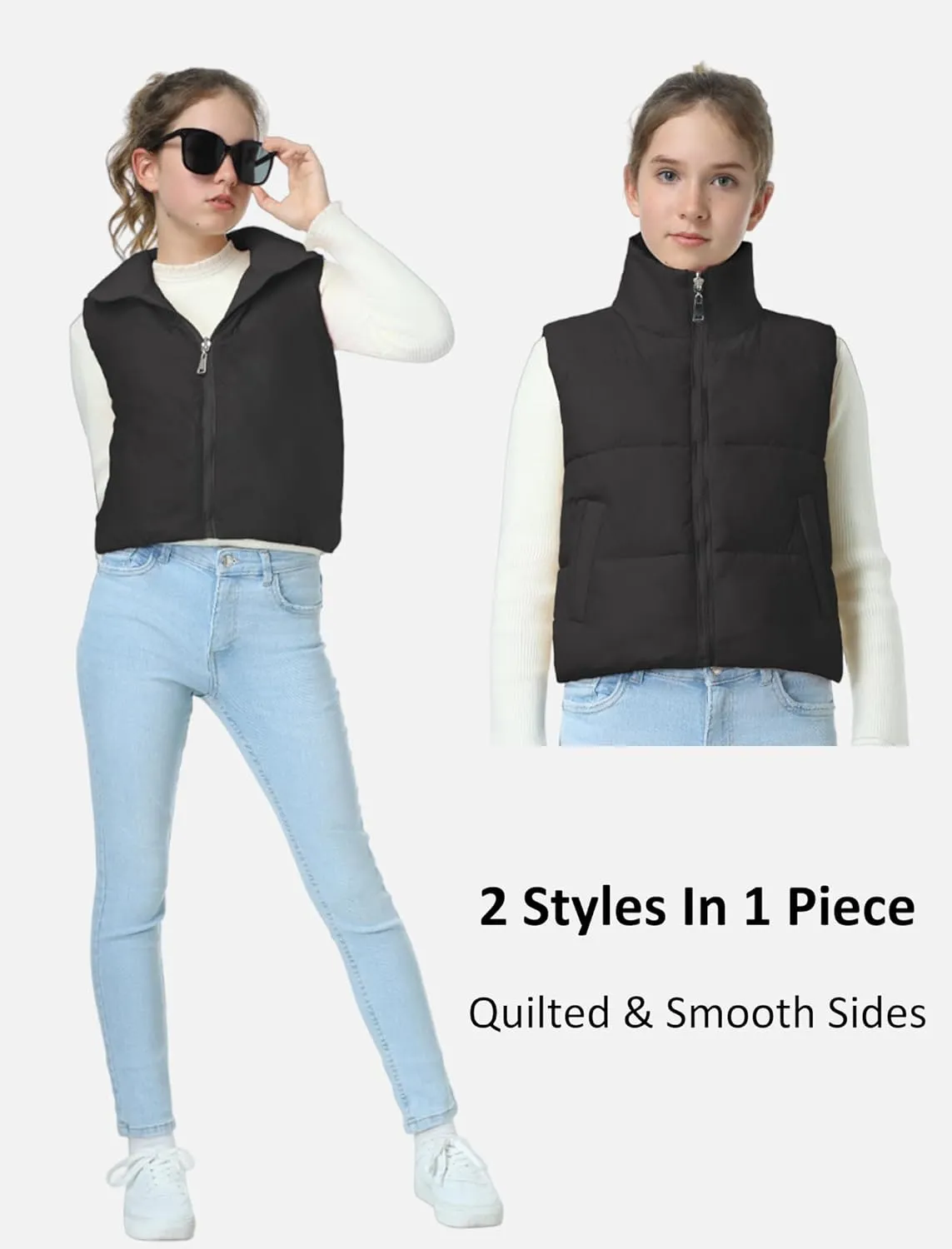 EXARUS Girls Puffer Vest Cropped Puffy Water Resistant with Pockets Lightweight Outerwear Vests Warm Sleeveless 6-14Y