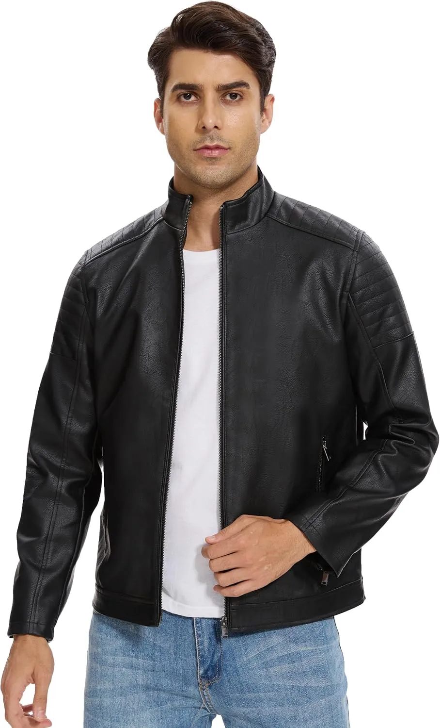Fahsyee Faux Leather Jacket Men - Black Motorcycle Bomber Jackets Lightweight Casual Vintage Slim Fit Riding Coat