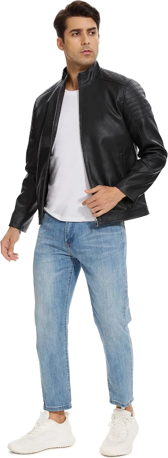 Fahsyee Faux Leather Jacket Men - Black Motorcycle Bomber Jackets Lightweight Casual Vintage Slim Fit Riding Coat