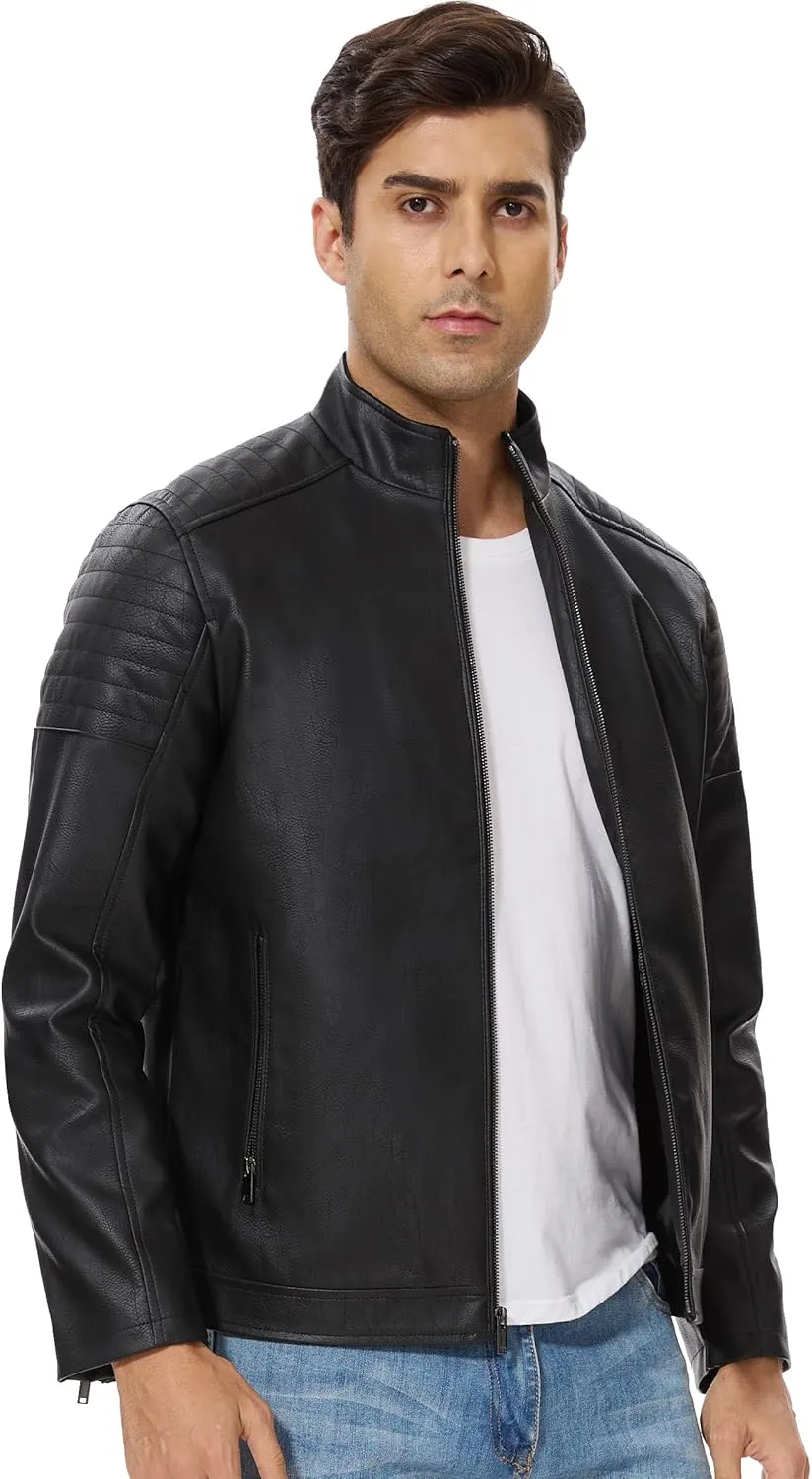 Fahsyee Faux Leather Jacket Men - Black Motorcycle Bomber Jackets Lightweight Casual Vintage Slim Fit Riding Coat