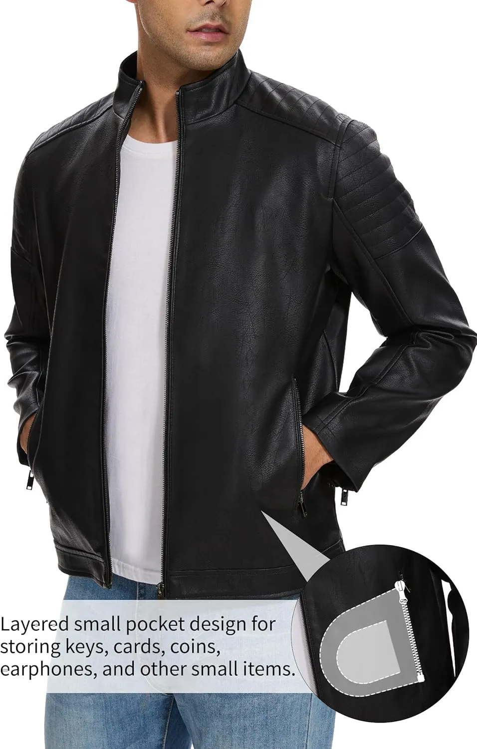Fahsyee Faux Leather Jacket Men - Black Motorcycle Bomber Jackets Lightweight Casual Vintage Slim Fit Riding Coat