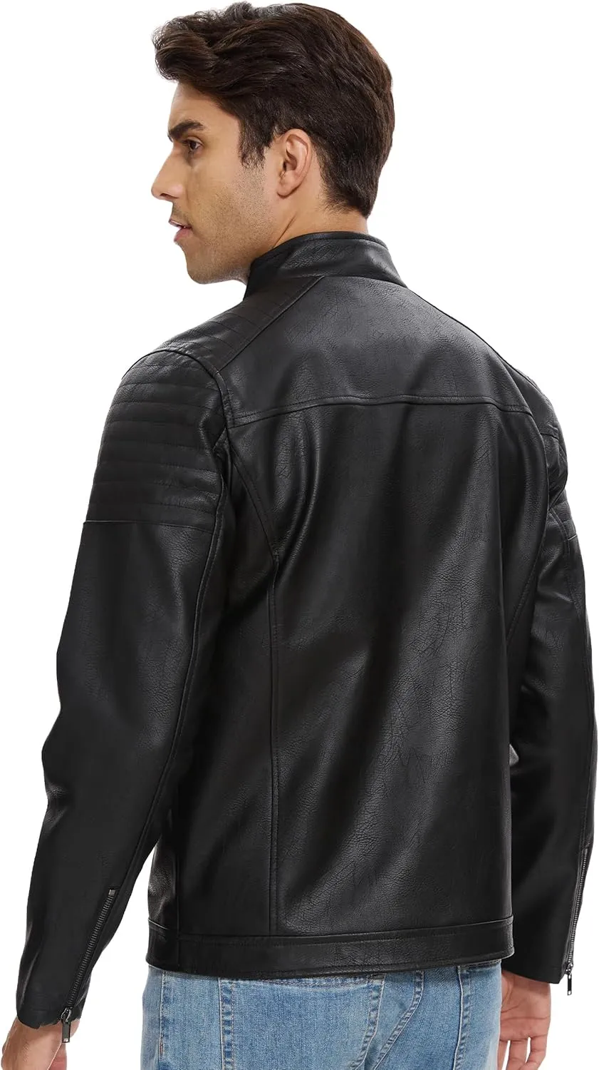 Fahsyee Faux Leather Jacket Men - Black Motorcycle Bomber Jackets Lightweight Casual Vintage Slim Fit Riding Coat