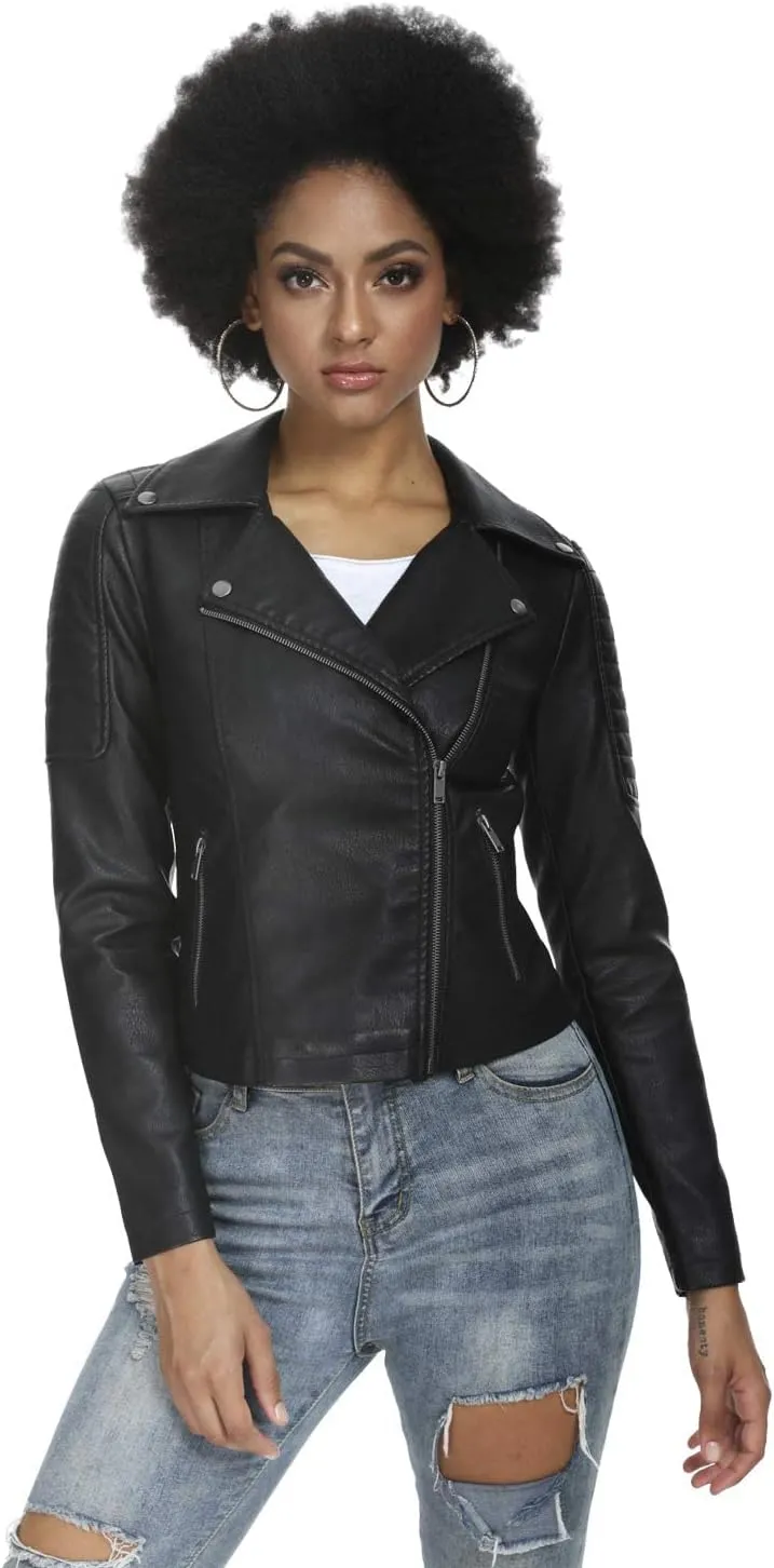 Fahsyee Women's Faux Leather Jackets, Zip Up Motorcycle Short PU Moto Biker Outwear Fitted Slim Coat