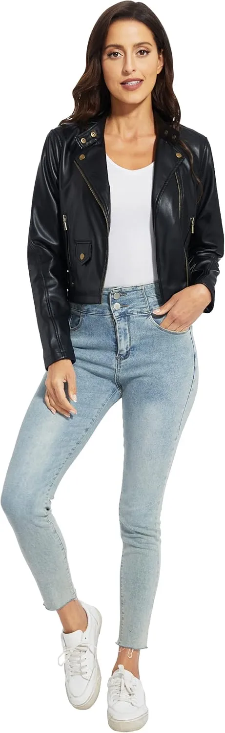 Fahsyee Women's Faux Leather Jackets, Zip Up Motorcycle Short PU Moto Biker Outwear Fitted Slim Coat