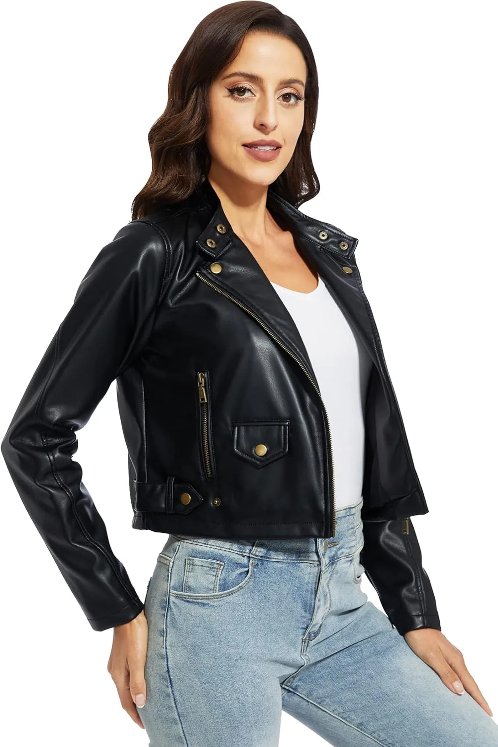 Fahsyee Women's Faux Leather Jackets, Zip Up Motorcycle Short PU Moto Biker Outwear Fitted Slim Coat