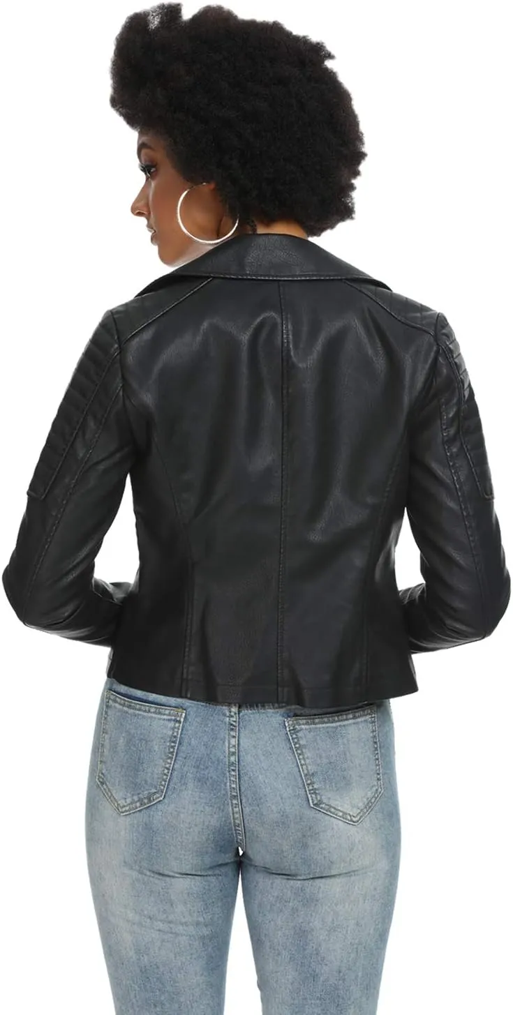Fahsyee Women's Faux Leather Jackets, Zip Up Motorcycle Short PU Moto Biker Outwear Fitted Slim Coat