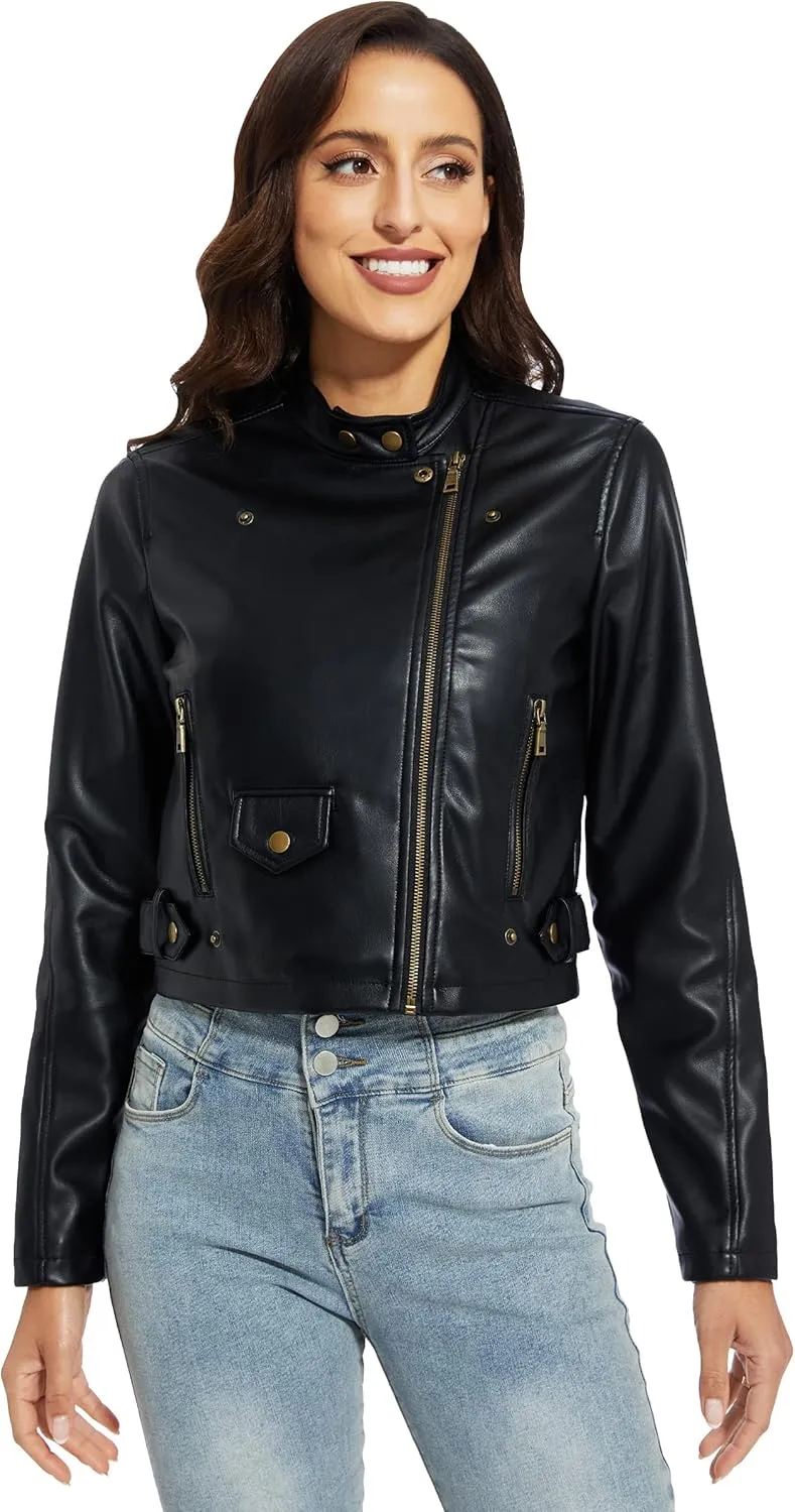 Fahsyee Women's Faux Leather Jackets, Zip Up Motorcycle Short PU Moto Biker Outwear Fitted Slim Coat