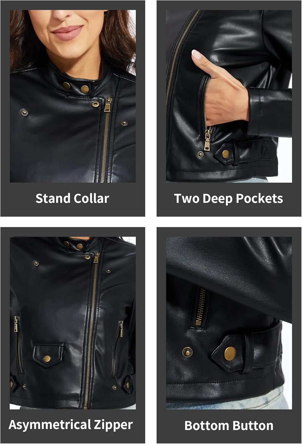Fahsyee Women's Faux Leather Jackets, Zip Up Motorcycle Short PU Moto Biker Outwear Fitted Slim Coat