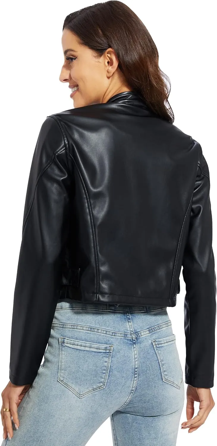Fahsyee Women's Faux Leather Jackets, Zip Up Motorcycle Short PU Moto Biker Outwear Fitted Slim Coat