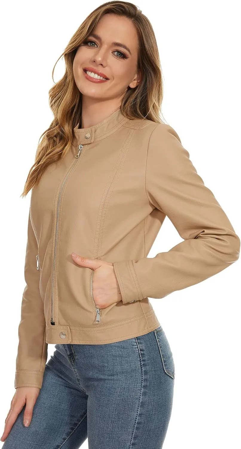 Fahsyee Zip Leather Jackets for Women Motorcycle Faux PU Moto Biker Outwear Coat